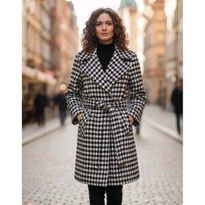 Preston & York Houndstooth Wool Blend Belted Wrap Coat Black White Size 8